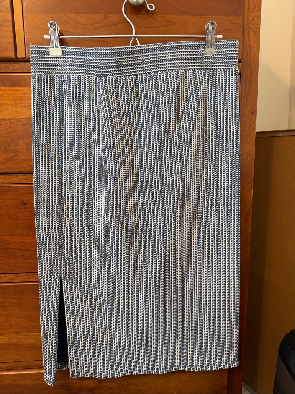 LOFT Navy and White Vertical Stripe Pencil Skirt